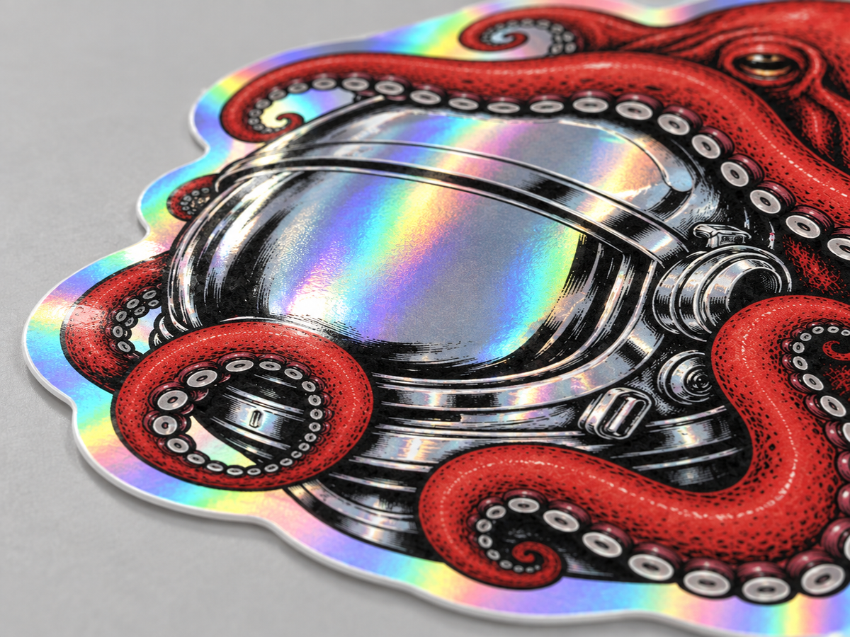 holographic sticker surface and cut edge photographed at a close side angle