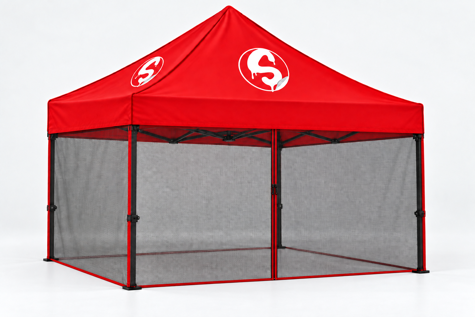Illustrative tent wall configuration with plain red canopy