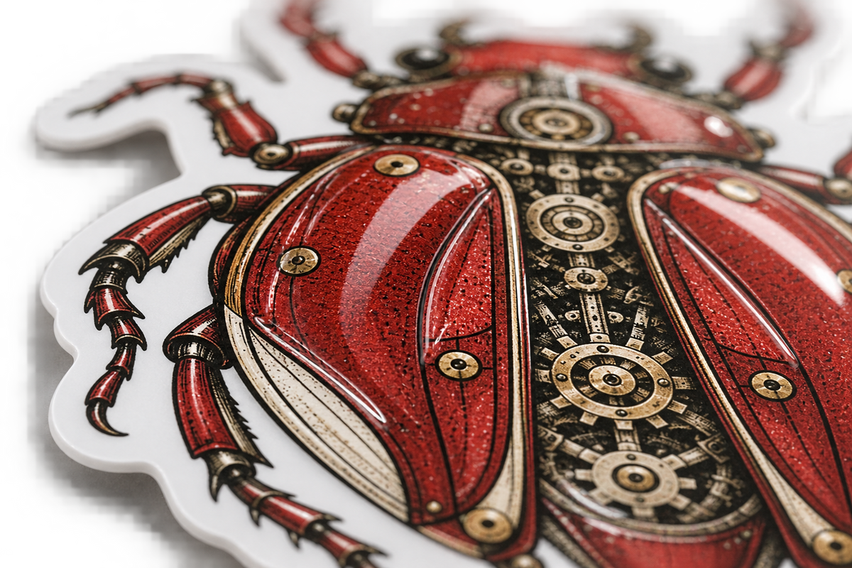 Close-up mockup of raised glossy clear ink on a red illustrated beetle sticker