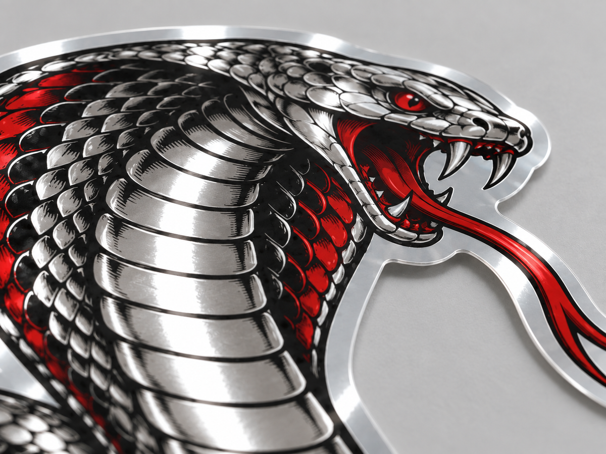 chrome sticker detail from a close side angle