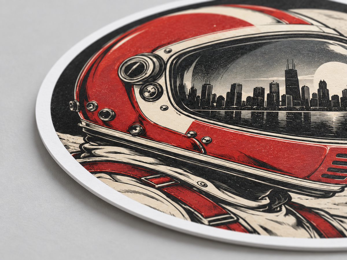 circle sticker detail from a close side angle