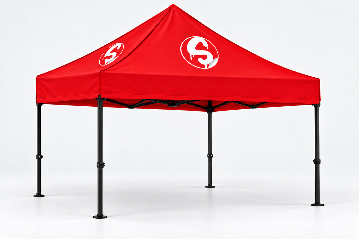 Plain red 10 by 10 foot event tent with a centered Stickerz logo on each roof side