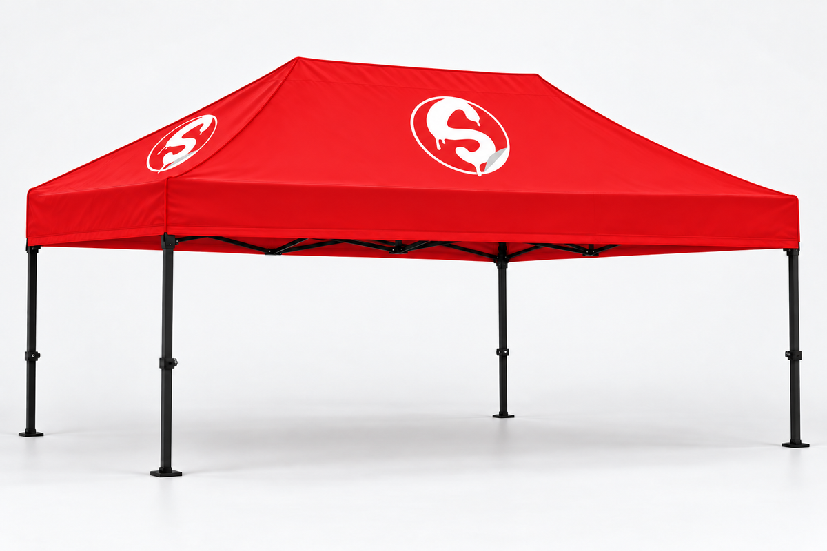 Plain red 10 by 15 foot event tent with a centered Stickerz logo on each roof side