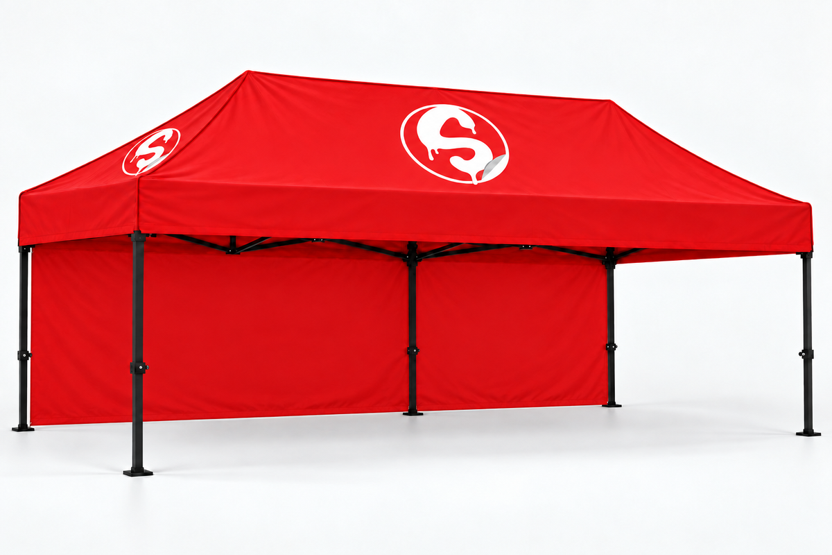 Red event tent twenty foot range — full back wall example