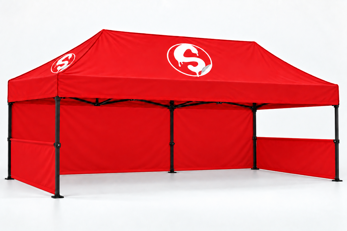 Red 10x20 event tent both wall preview with consistent wall height