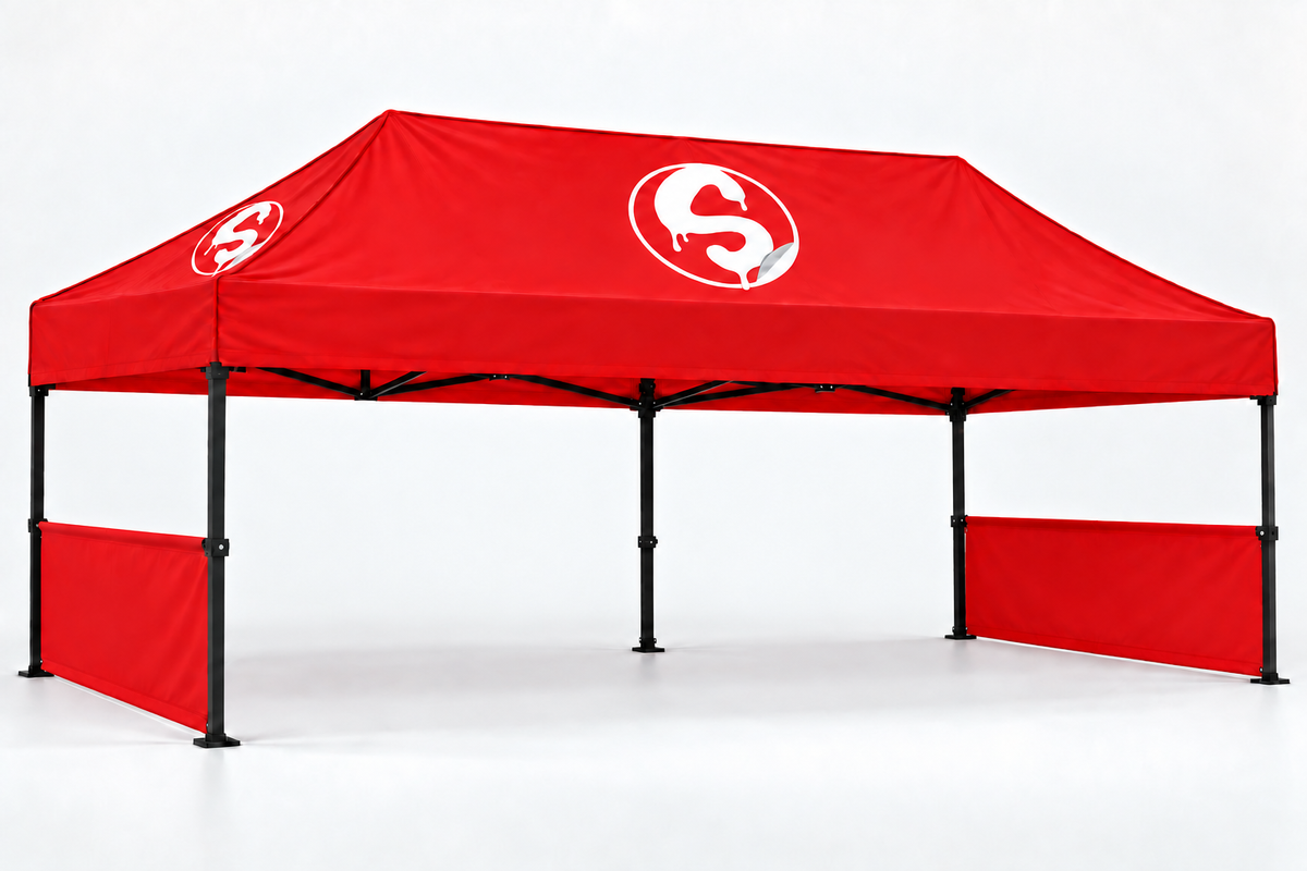 Red 10x20 event tent half wall preview with consistent wall height