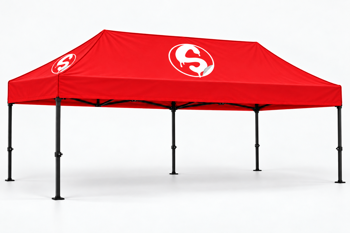 Plain red 10 by 20 foot event tent with a centered Stickerz logo on each roof side
