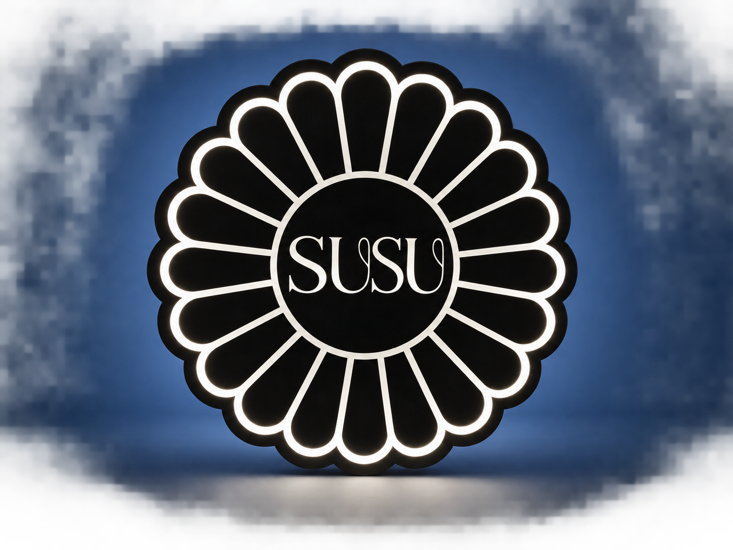 SUSU illuminated floral sign photographed against a seamless blue studio background