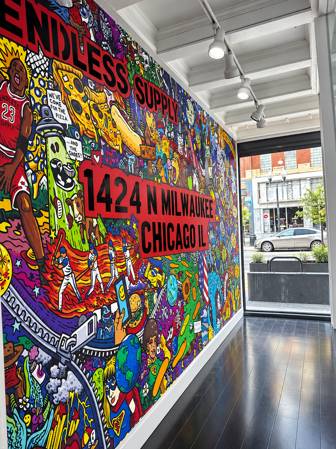 Installed illustrated wall wrap in a Chicago retail space