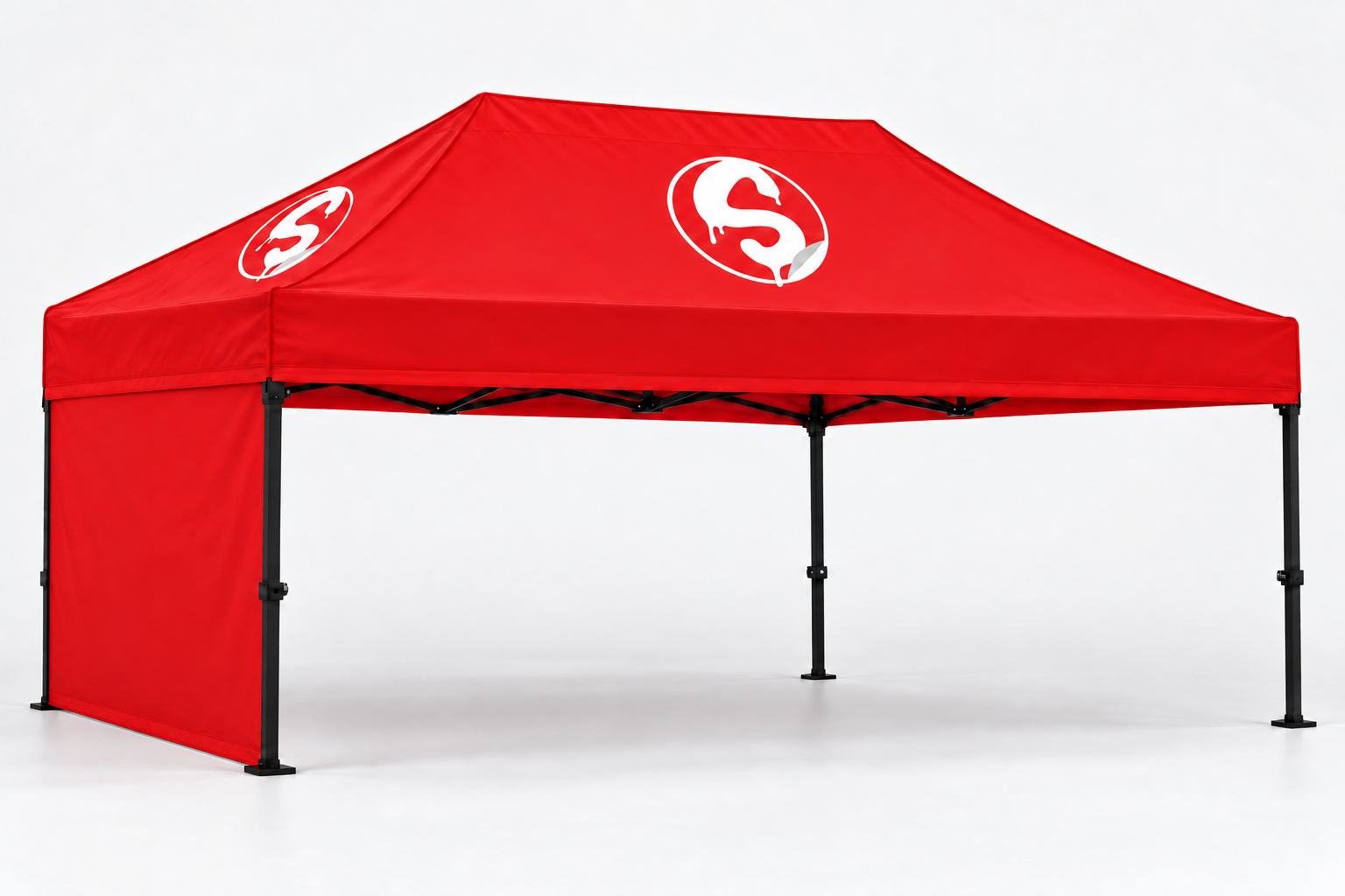 Illustrative tent wall configuration with plain red canopy