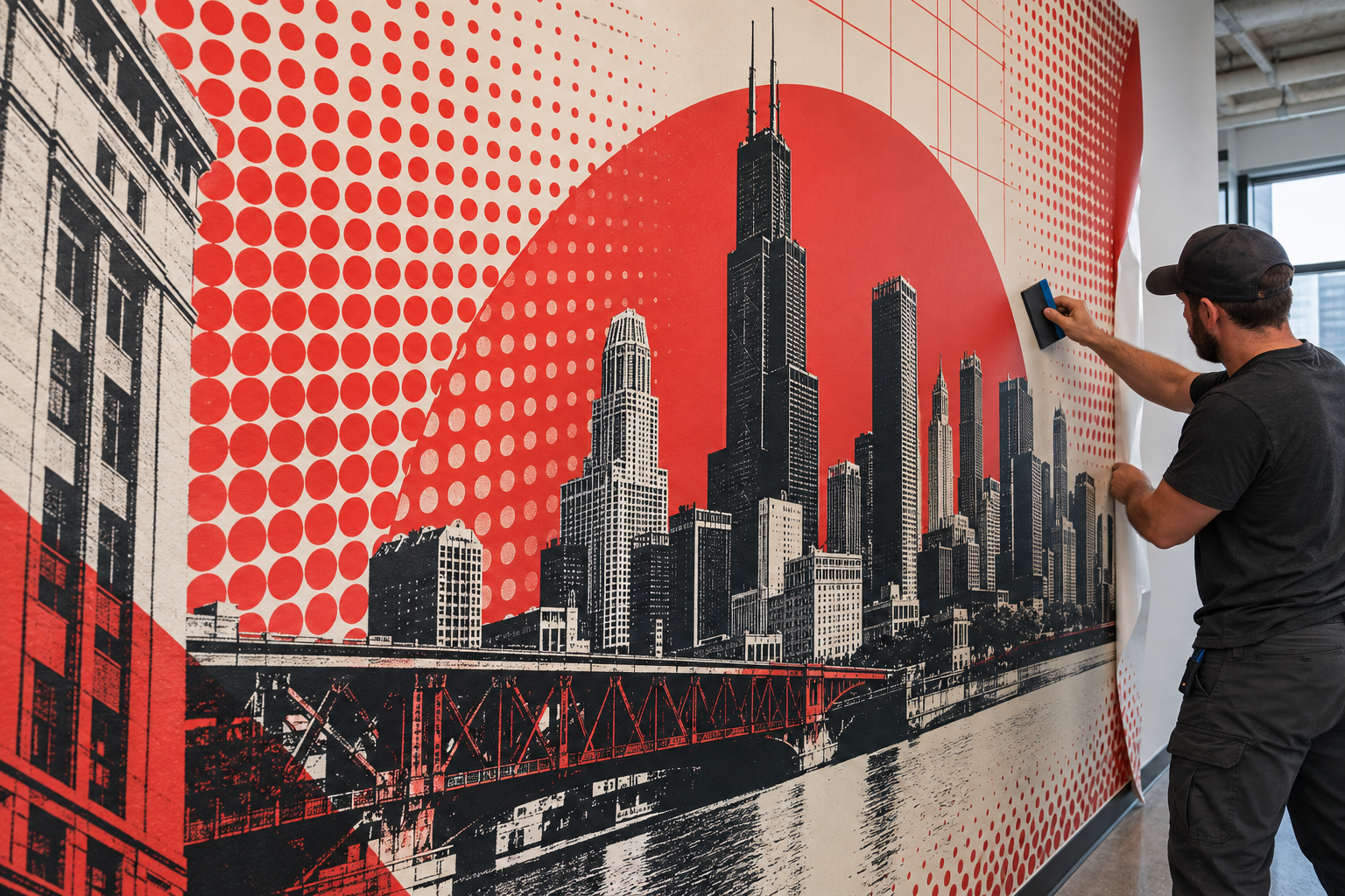 Close-up illustration of a Chicago-inspired vinyl wall wrap being installed